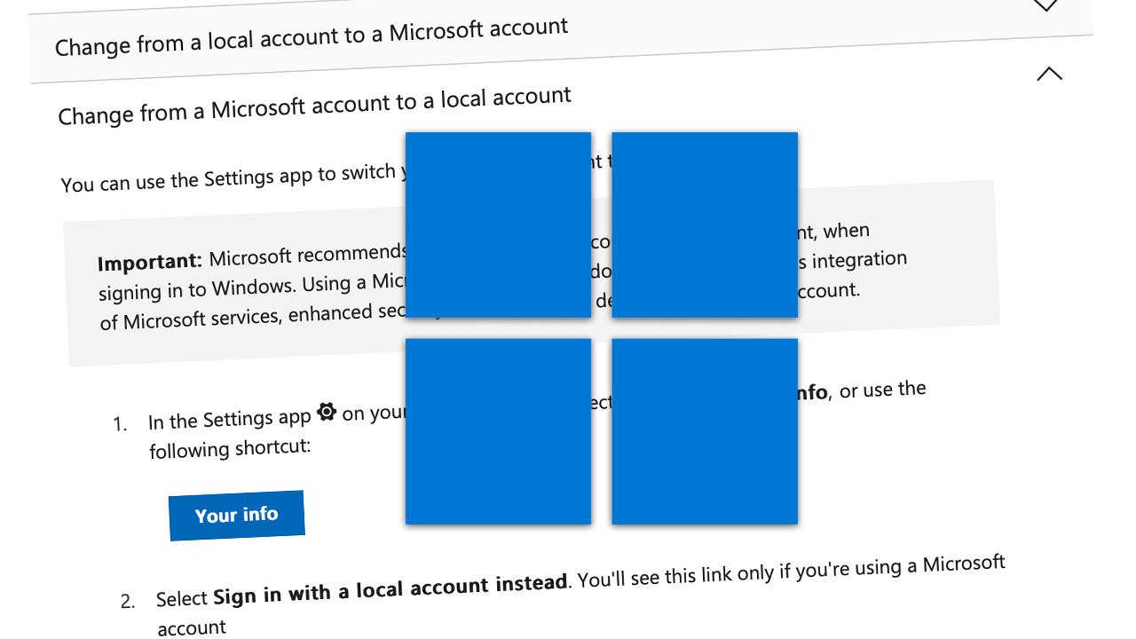 Microsoft is sorry – instructions for switching to the local account have been deleted